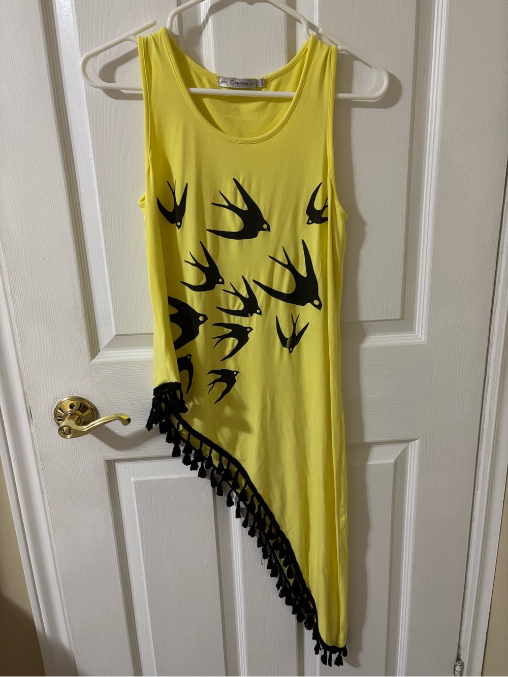 Yellow Asymmetric Tank Dress with Black Swallow Print